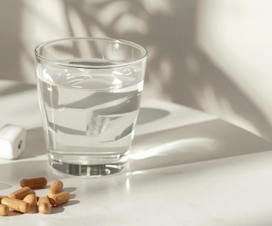 Vaso de agua y cápsulas de complemento alimenticio sobre una mesa blanca