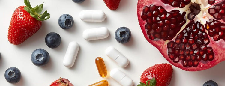 Cápsulas y perlas de complementos alimenticios junto a fresas, arándanos y granada