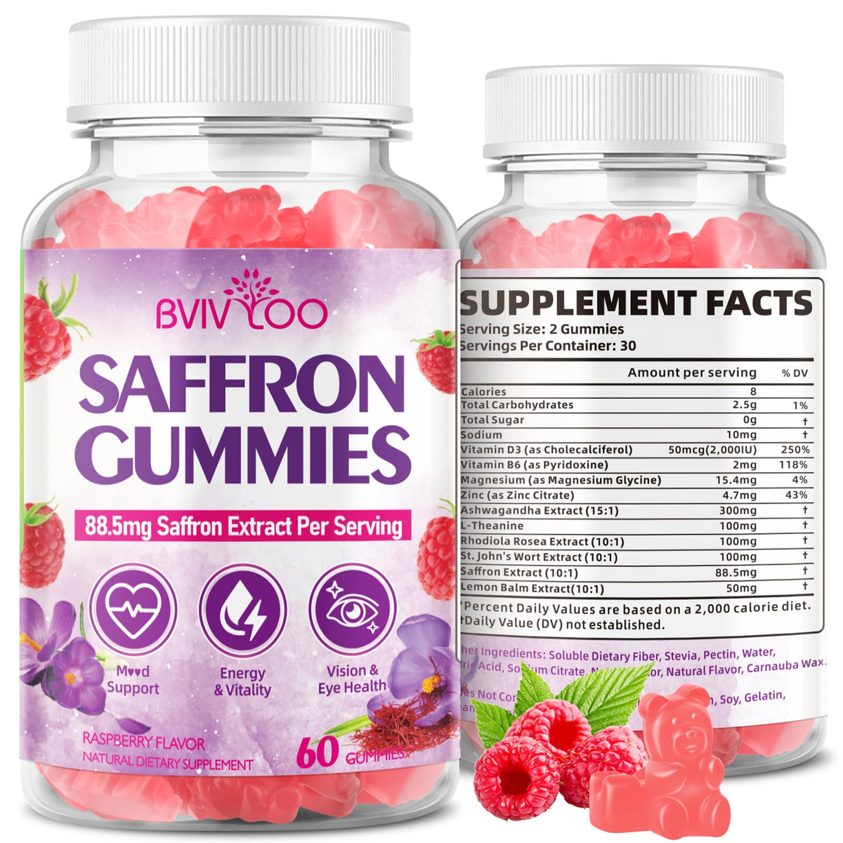 BVIVLOO Saffron Gummies: bote para uso diario y equilibrio emocional.