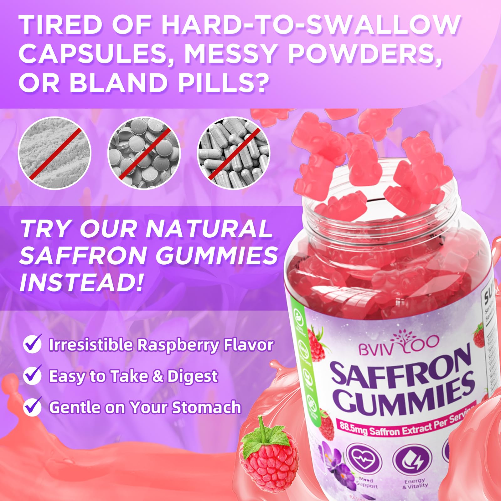 BVIVLOO Saffron Gummies: frambuesa, sabor suave para toda la familia.