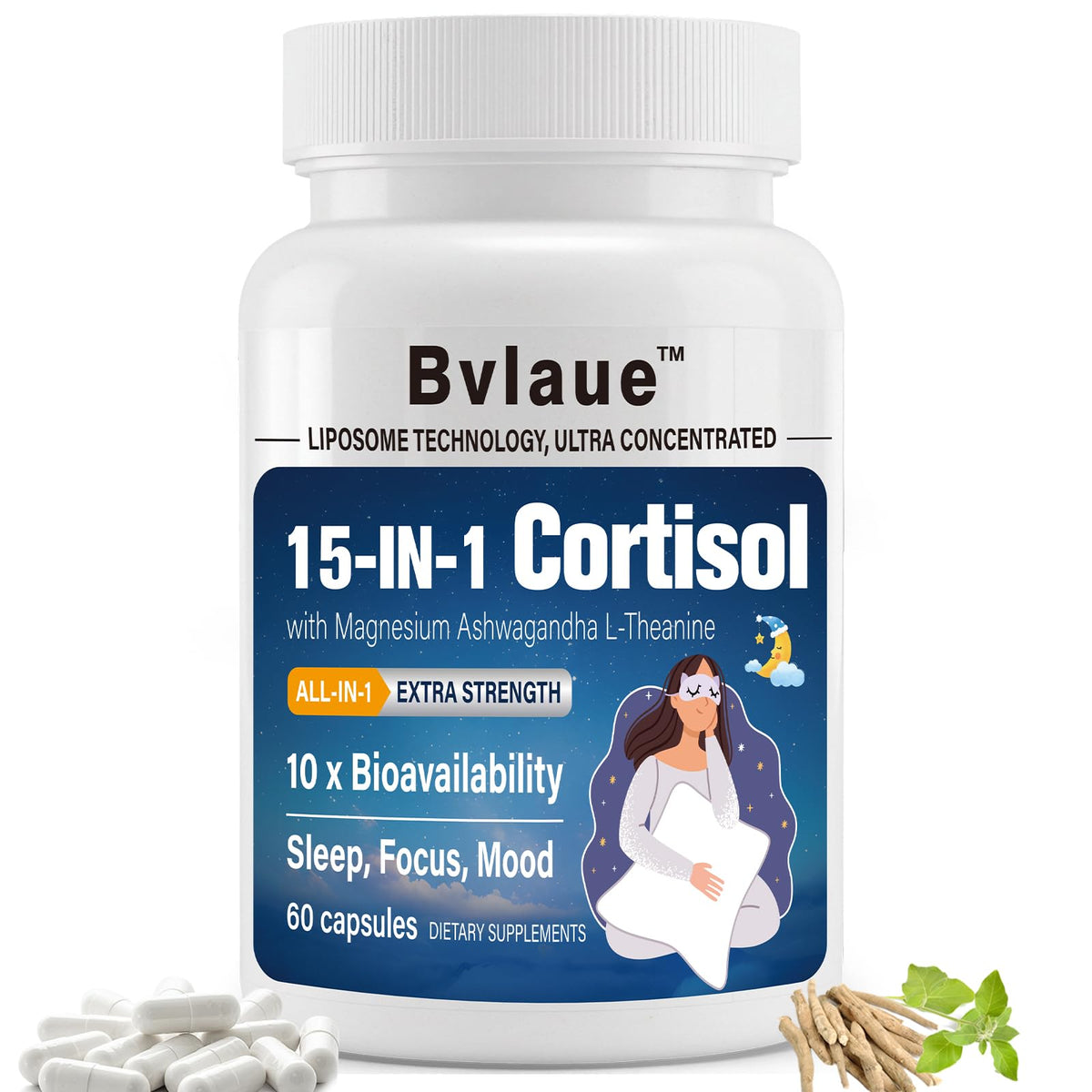 bvlaue cortisol suplemento botella muestra la fórmula 15 en 1 para manejo del estrés