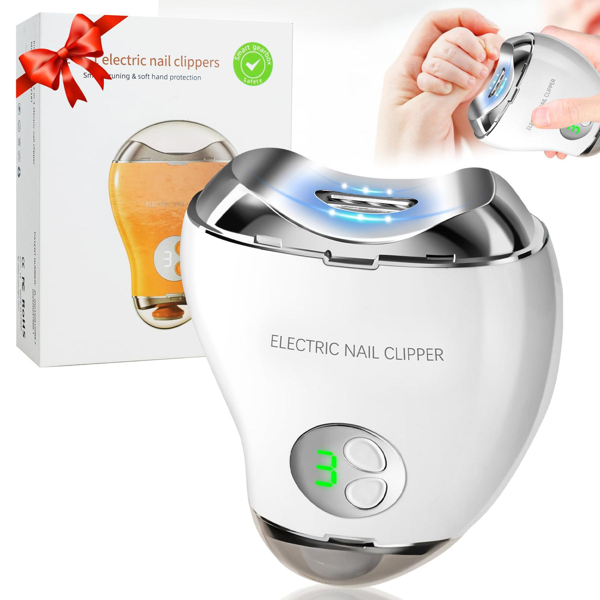 Cortauñas eléctrico Bvrocio 2 en 1 con luz LED para uñas de bebé, seguridad suave.