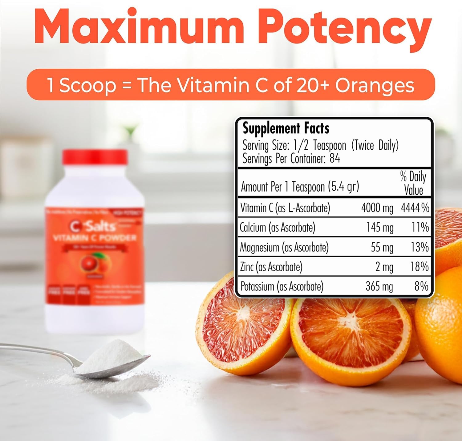C-Salts Bote 8oz Vitamina C, envase conveniente para casa.
