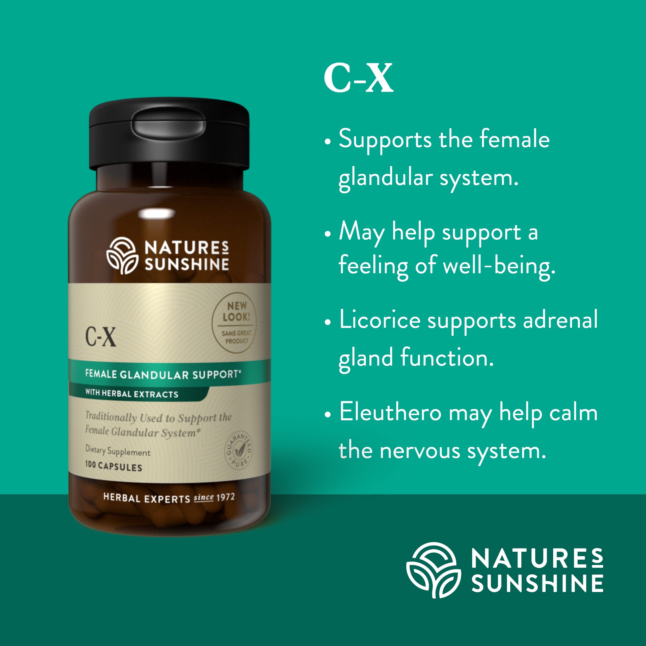 C-X cápsulas herbales Nature's Sunshine, etiqueta clara que ayuda a seguir dosis recomendadas