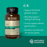 C-X cápsulas herbales Nature's Sunshine, etiqueta clara que ayuda a seguir dosis recomendadas