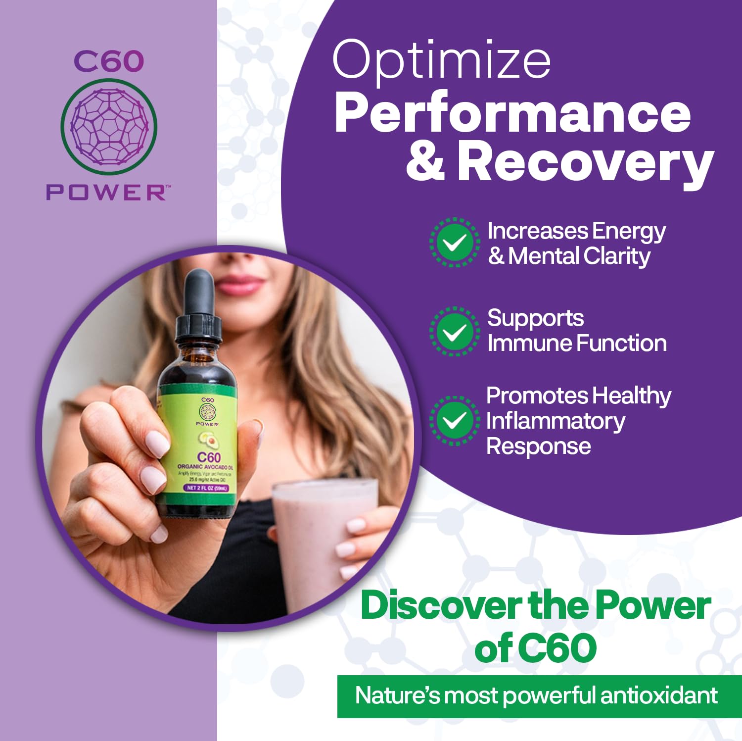 Etiqueta de C60 Purple Power resalta pureza y certificación.