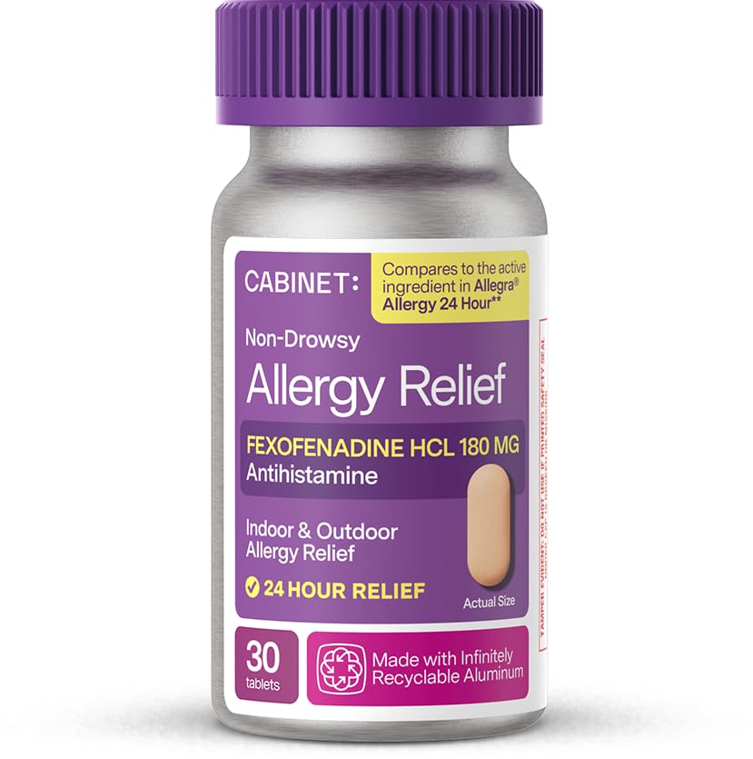 Cabinet Fexofenadina Hcl 180 mg, envase con tabletas para uso diario.