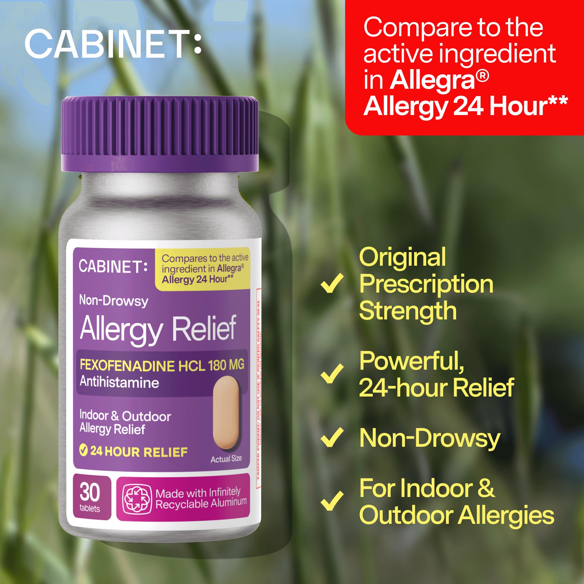 Cabinet Fexofenadina Hcl 180 mg, tabletas sin somnolencia para uso diario.