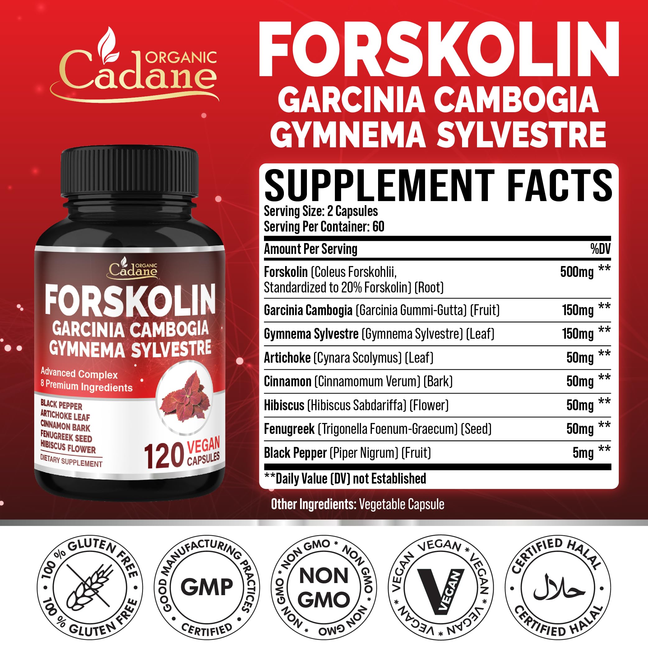 Cadane Forskolina: etiqueta frontal con ingredientes clave para bienestar.