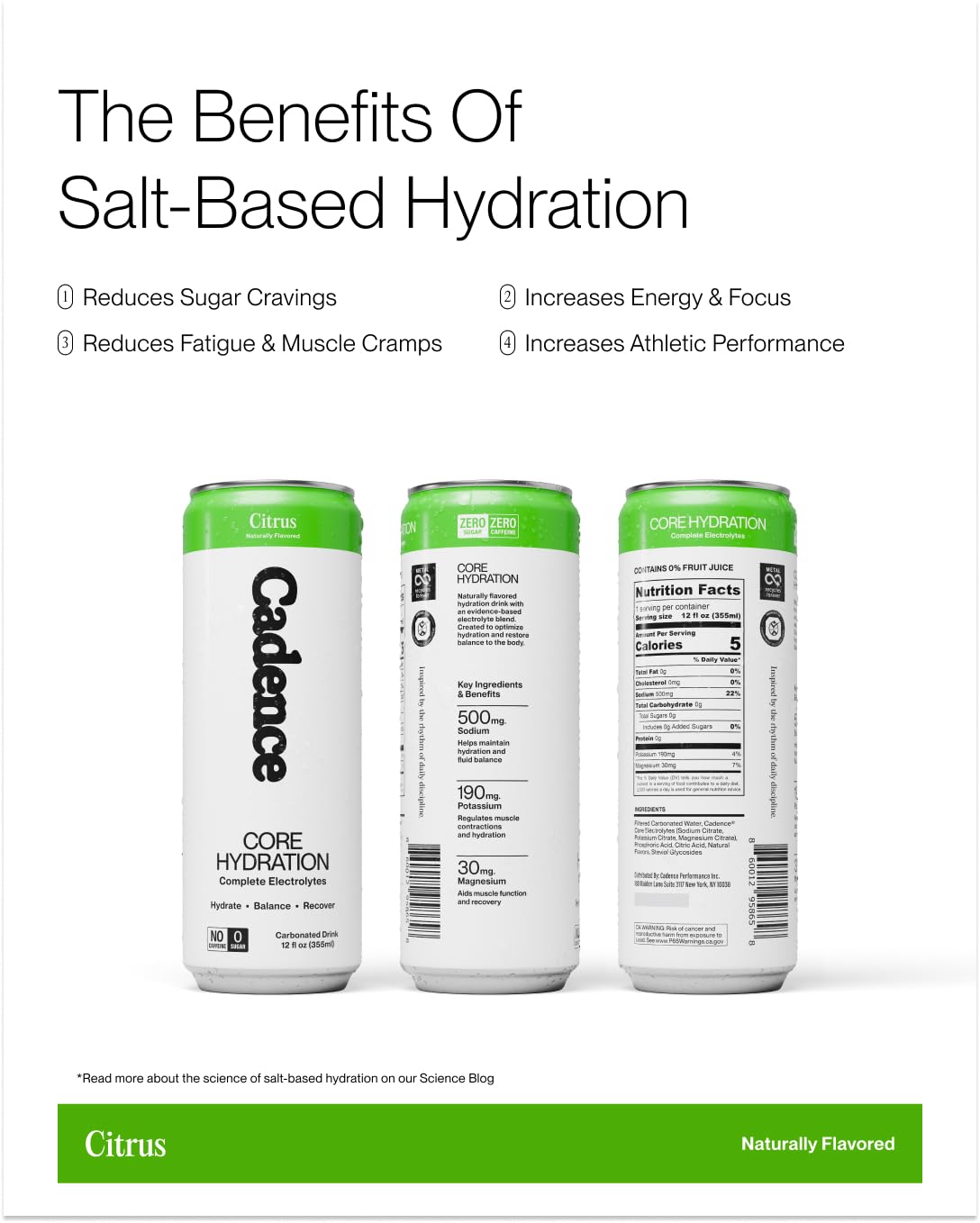 Ingredientes naturales de Cadence Electrolyte Citrus con estevia como endulzante.