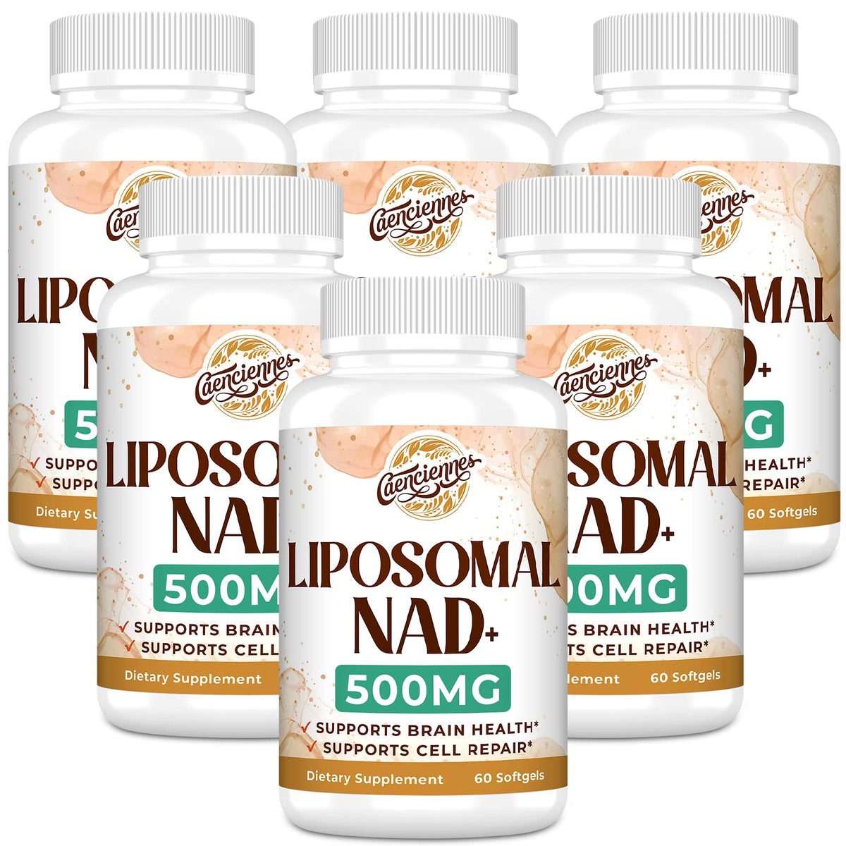 Caenciennes Liposomal NAD+ botella vertiendo para energía diaria