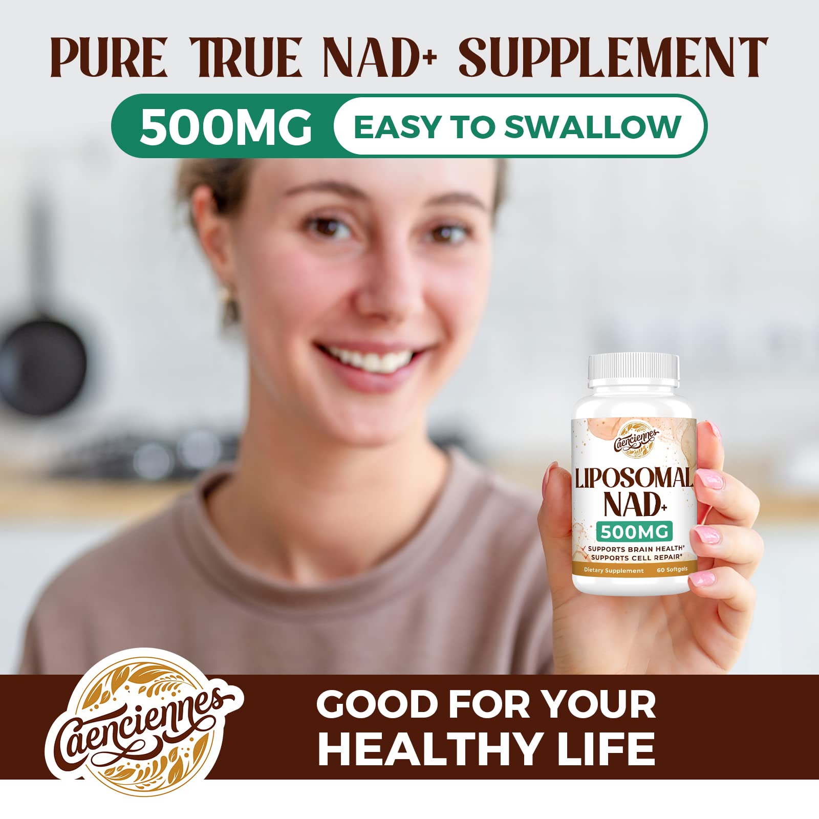 Caenciennes Liposomal NAD+ destacando beneficios para energía y envejecimiento saludable