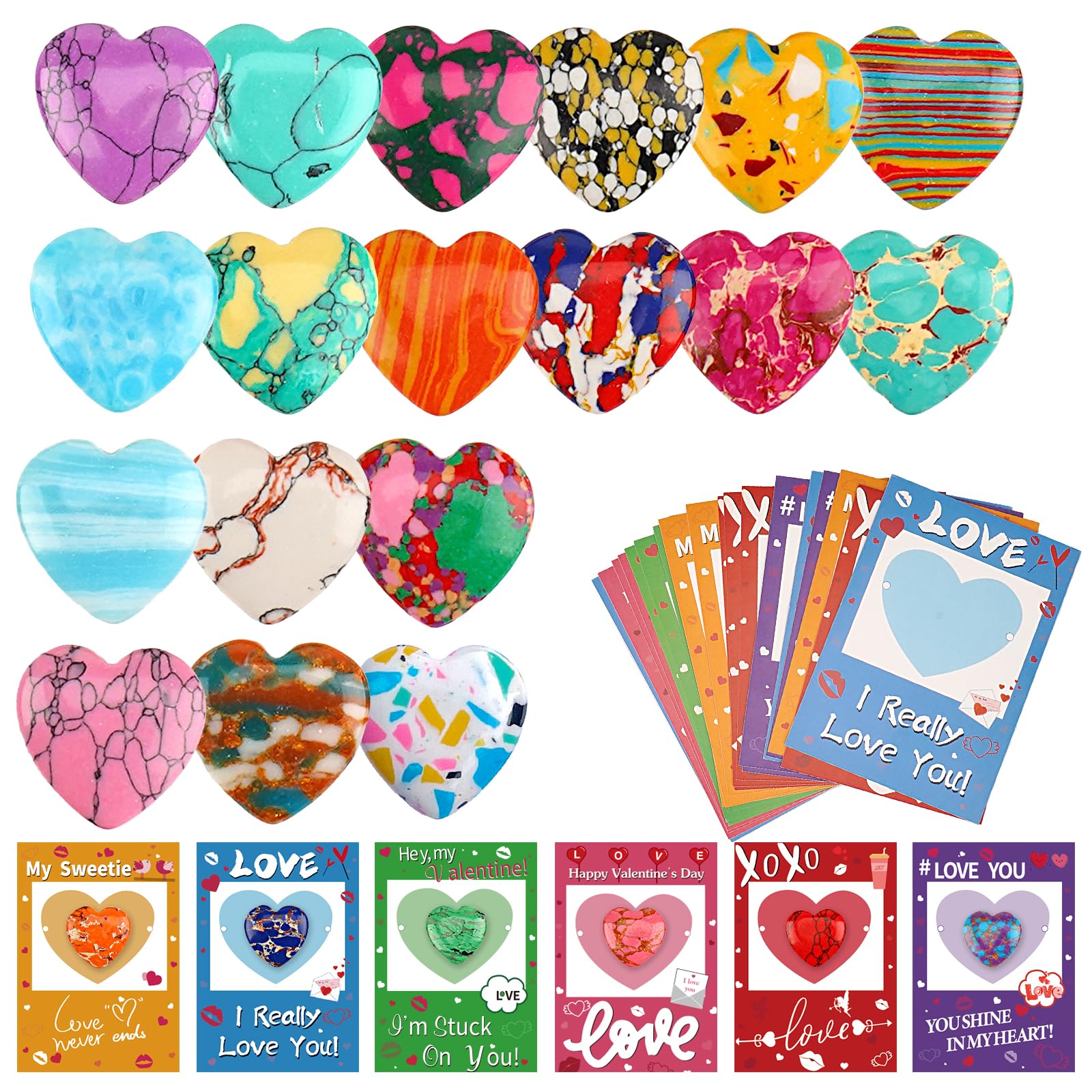 CAKKA tarjetas valentinas 24 con corazón piedra para intercambio en clase.