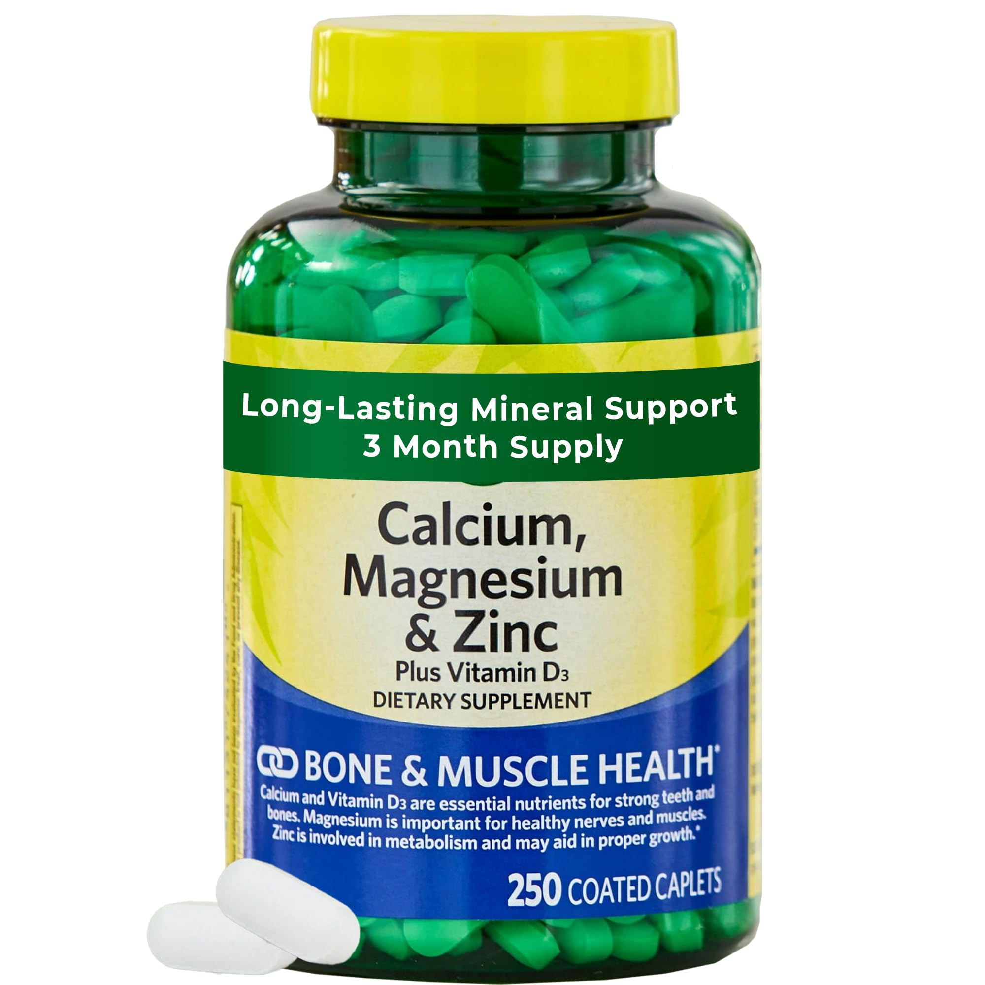Calcio, magnesio, zinc y D3 – sello libre de gluten en envase.