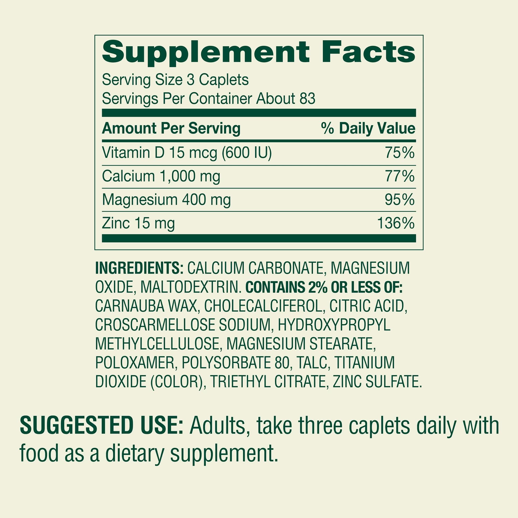 Calcio, magnesio, zinc y D3 – etiqueta nutricional, libre de gluten.