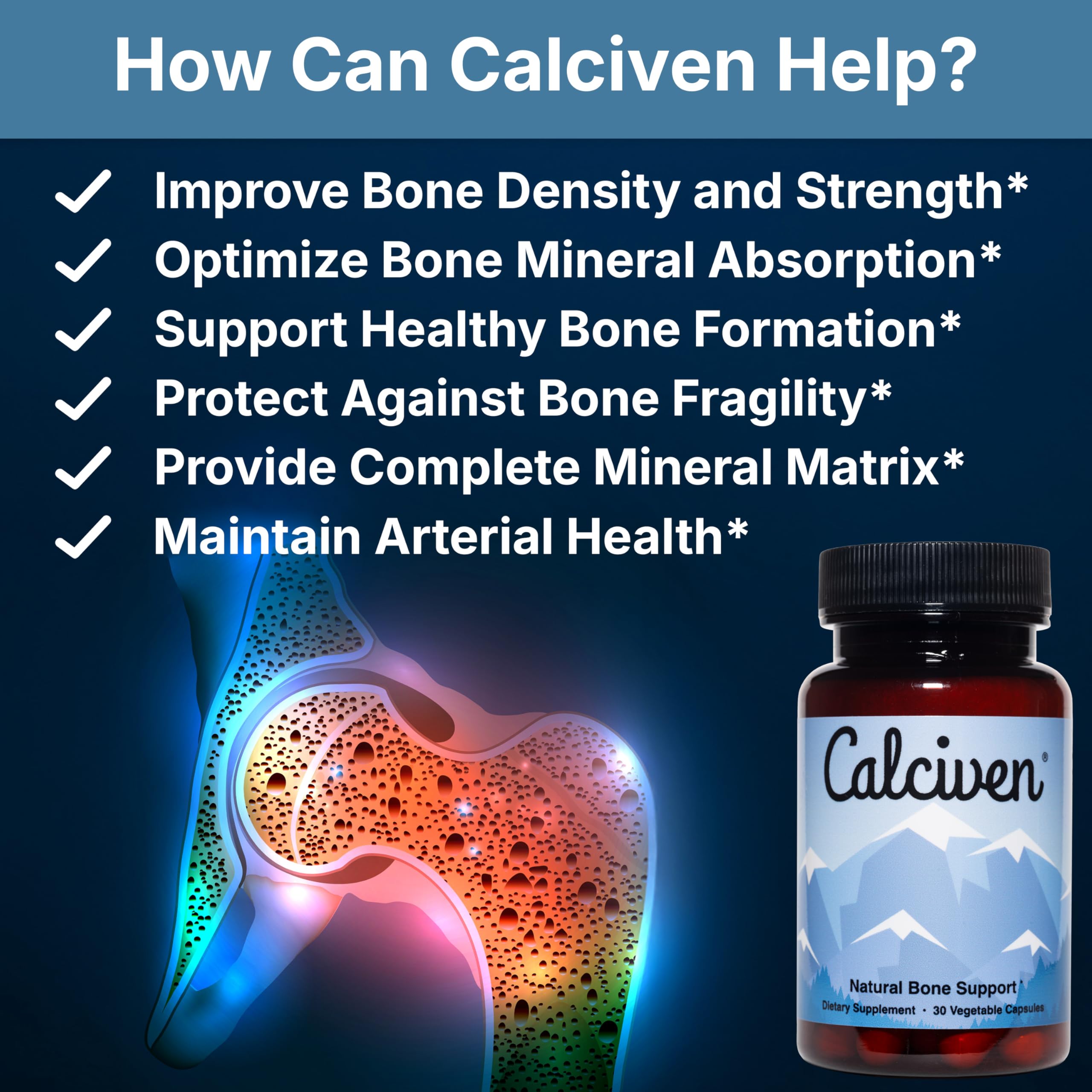 Calciven botella con etiqueta clara que destaca los ingredientes clave