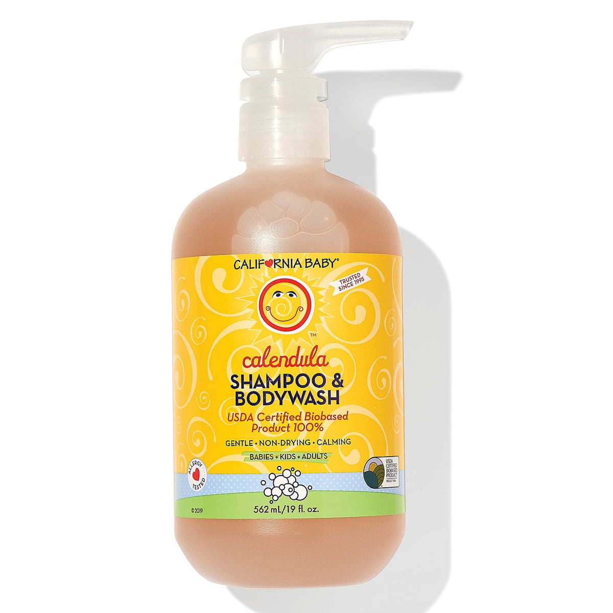 California Baby Calendula Bebe champú y jabón 2 en 1, cuidado suave para piel sensible.