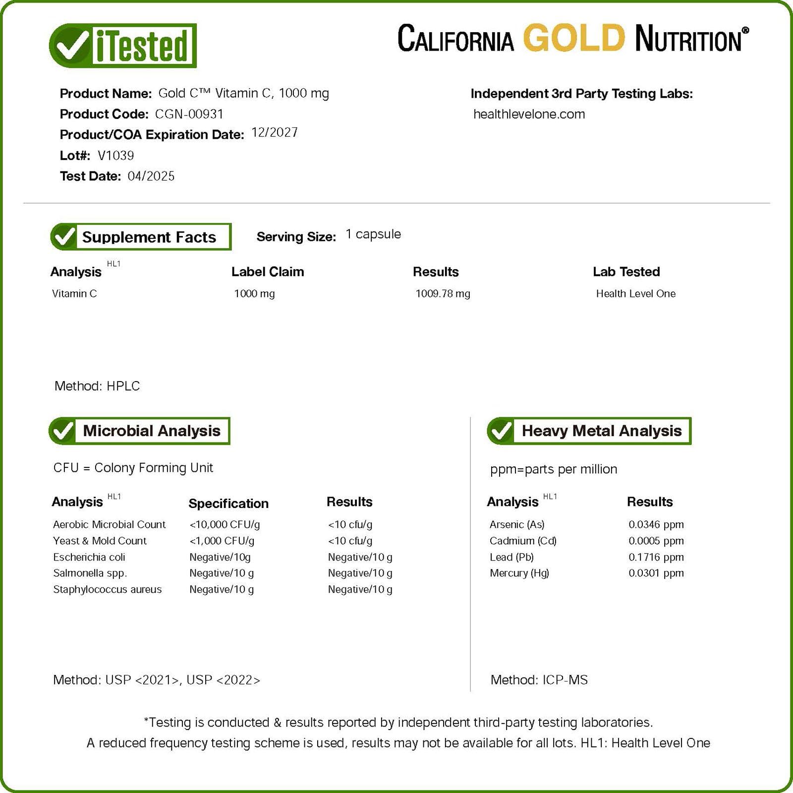 California Gold Nutrition C etiqueta detallada, grado USP y calidad garantizada.