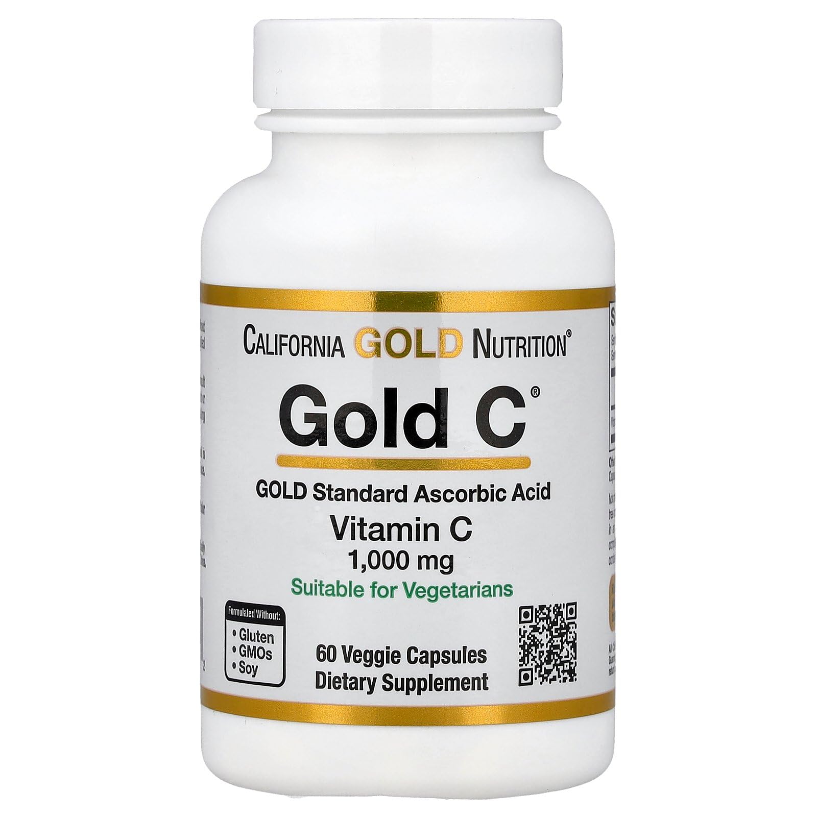 California Gold Nutrition C frasco frontal, cápsulas veganas para uso diario.