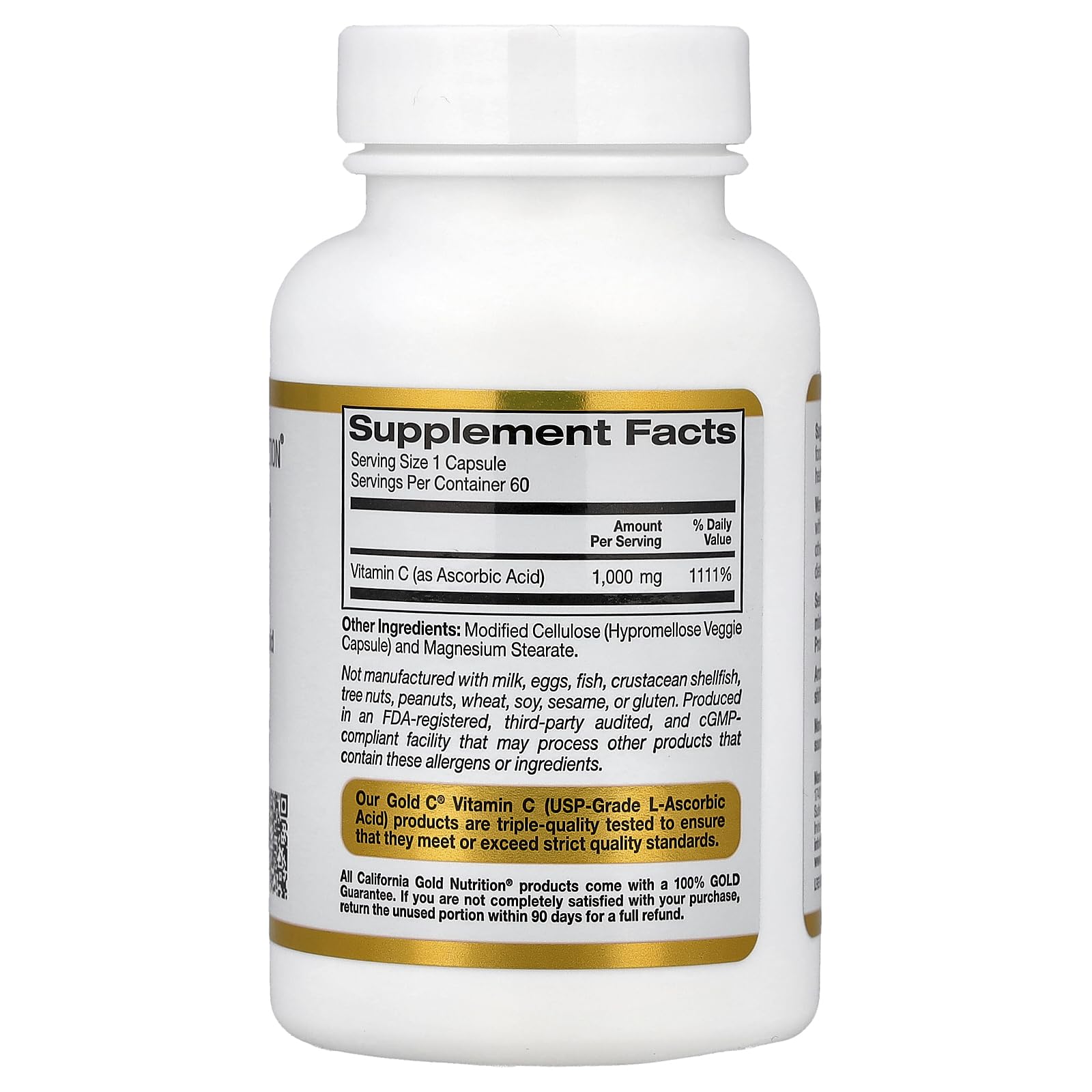 California Gold Nutrition C frasco trasero, etiqueta clara para elección informada.