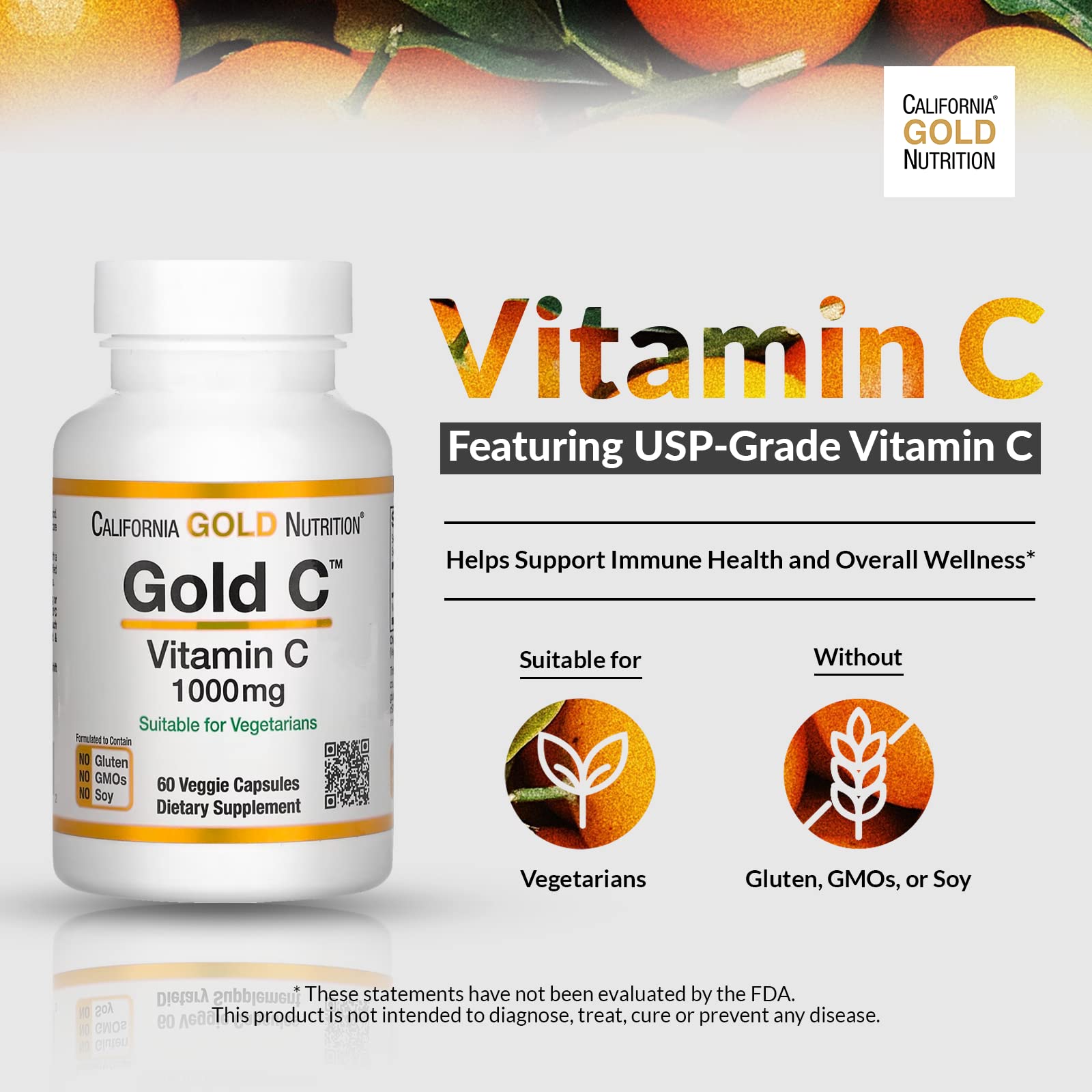California Gold Nutrition C símbolo vegano, cápsulas aptas para veganos.