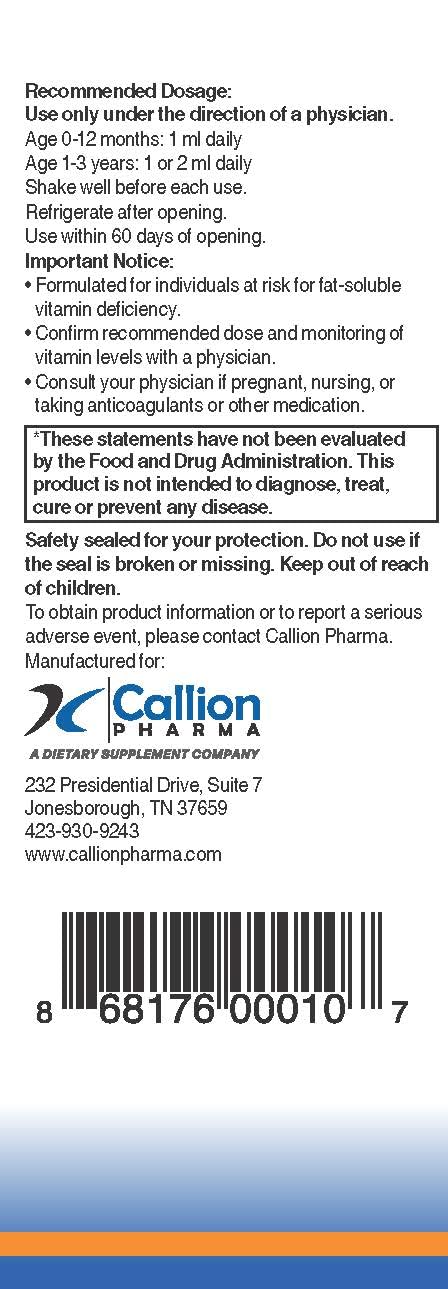 Frasco compacto de Callion Pharma DEKAs Plus Liquid para almacenamiento y viaje.