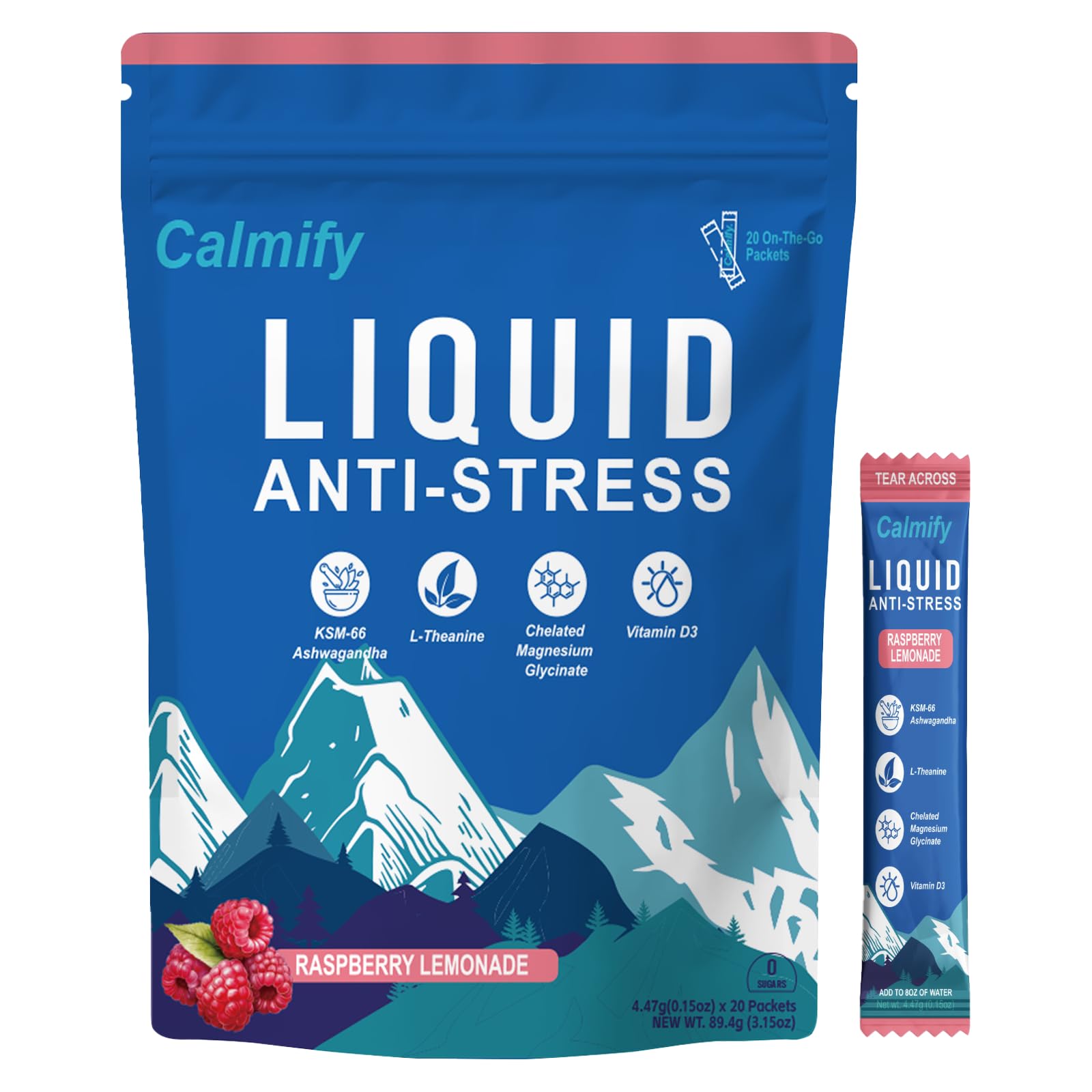 Calmify líquido en botella, posible apoyo diario para el equilibrio.