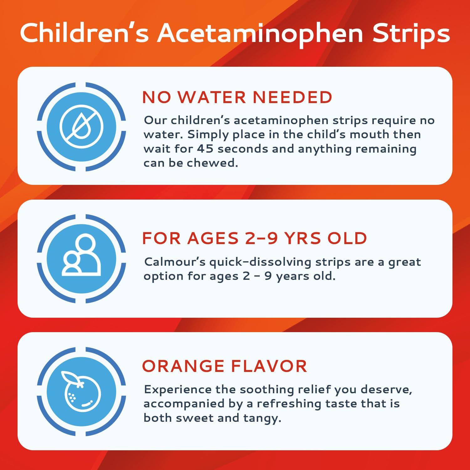 CALMOUR tiras para niños, sabor naranja, alivio práctico en casa con rápida disolución.