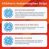 CALMOUR tiras para niños, sabor naranja, alivio práctico en casa con rápida disolución.