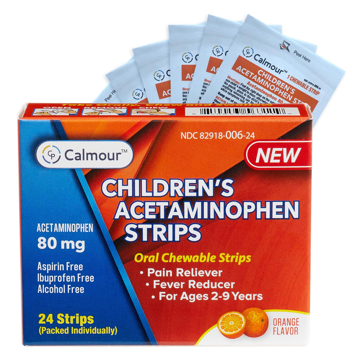 CALMOUR tiras de acetaminofén para niños, sabor naranja, alivio rápido para fiebre y dolor leve.