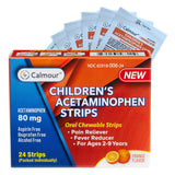 CALMOUR tiras de acetaminofén para niños, sabor naranja, alivio rápido para fiebre y dolor leve.