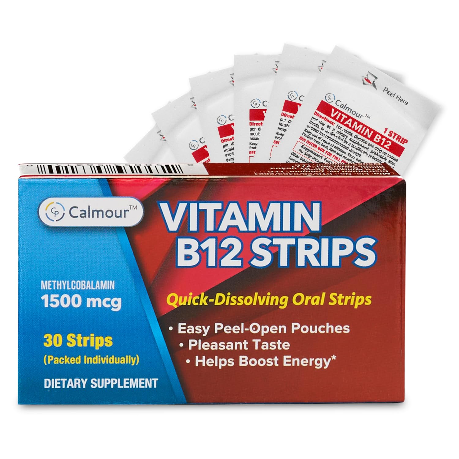 CALMOUR Tiras B12 Mentas: absorción rápida bajo la lengua para más energía.