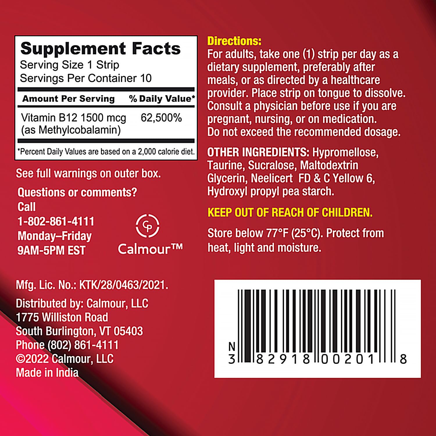 CALMOUR tiritas vitamina B12, dosis de 1500 mcg por tira para conveniencia diaria.