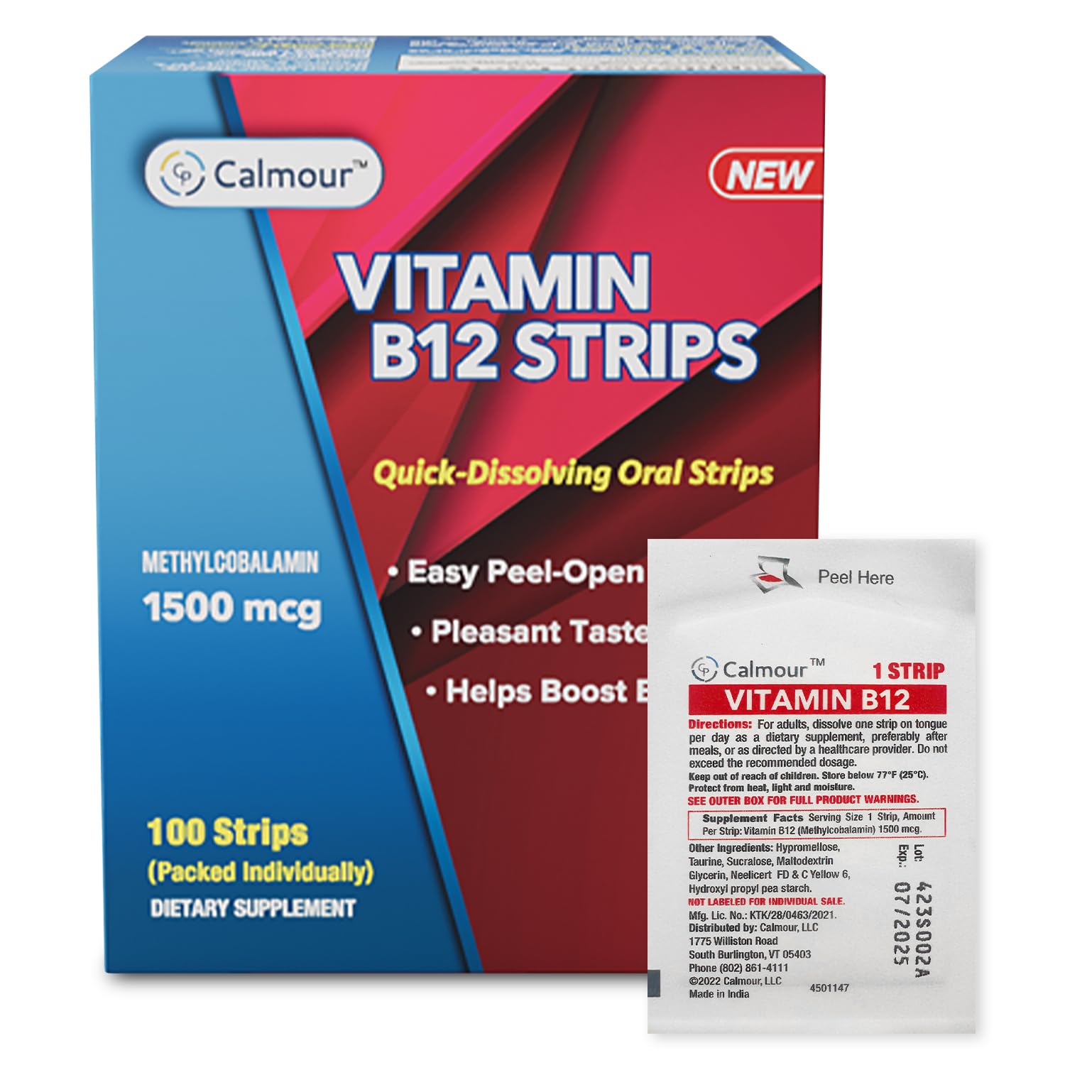 CALMOUR tiritas vitamina B12, empaque de 100 unidades para uso diario fácil.