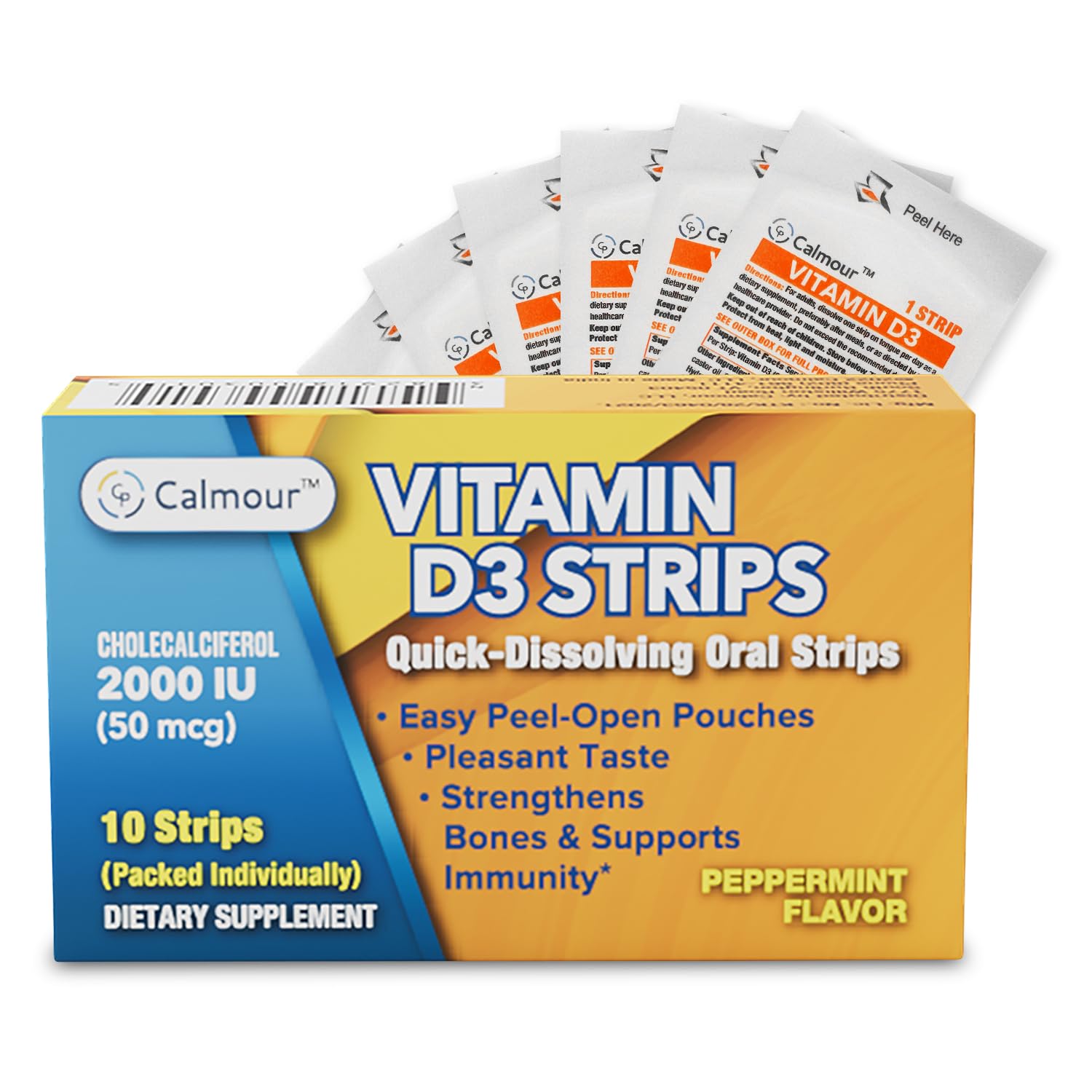 CALMOUR Vitamin D3 Strips en caja, apoyo para la salud ósea diaria.