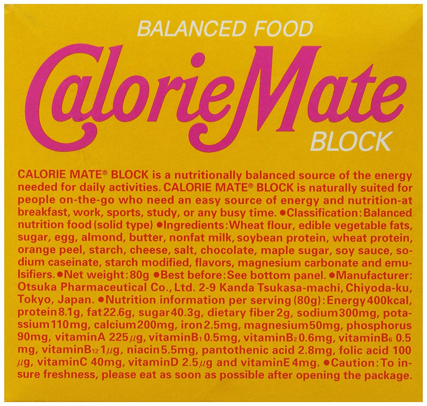Calorie Mate peso neto 80 g, porción conveniente para llevar en bolso
