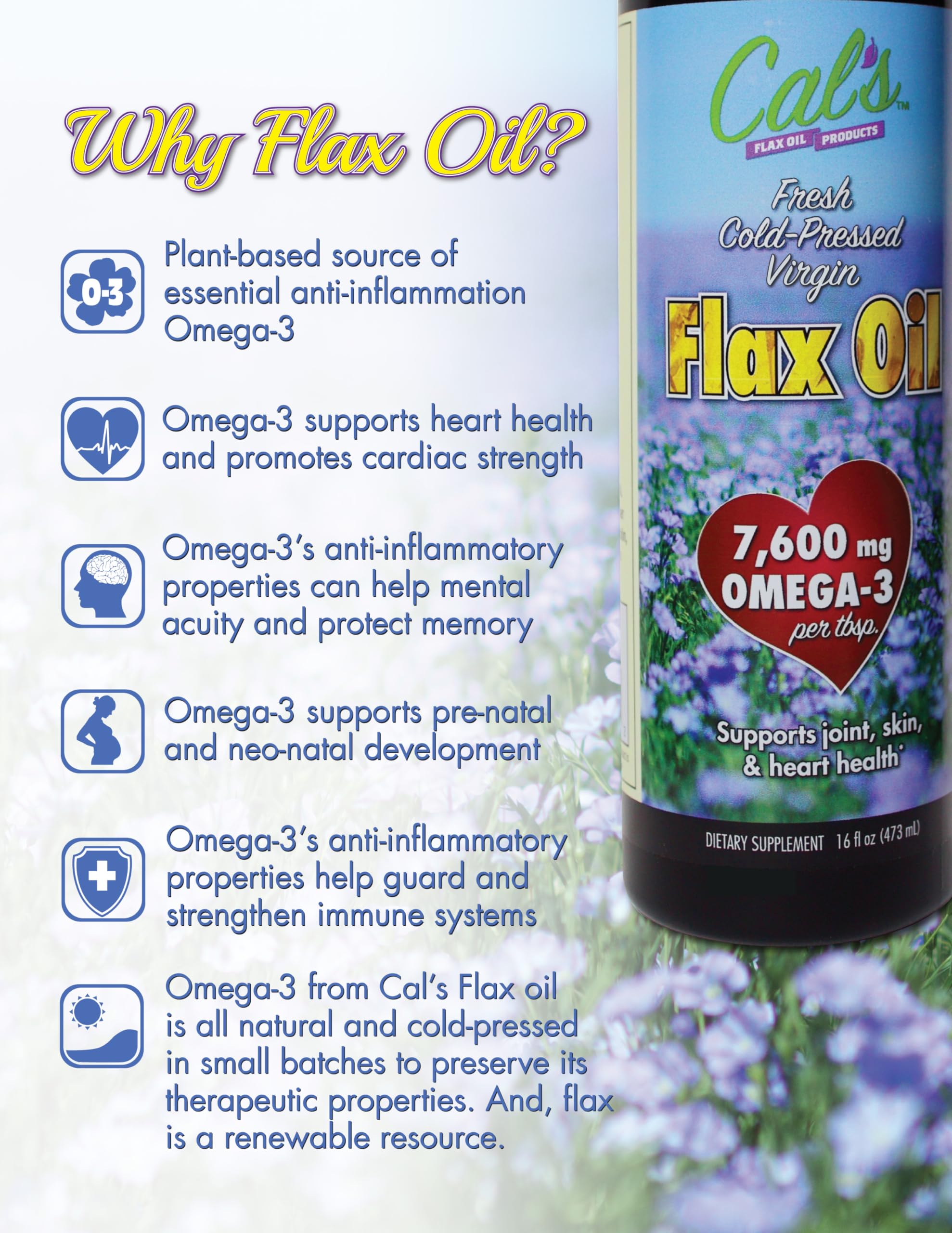 Cal's Aceite de Linaza vertido en vaso, ideal para aderezos y batidos.