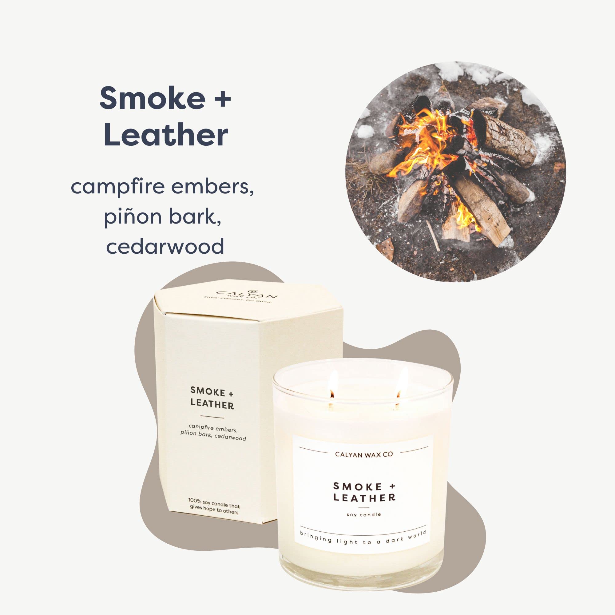 Calyan Smoke & Leather vela dos-mechas: llama cálida para la relajación.