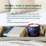 Calyan Wax Co Vela Indigo Yuzu en sala: ambiente elegante