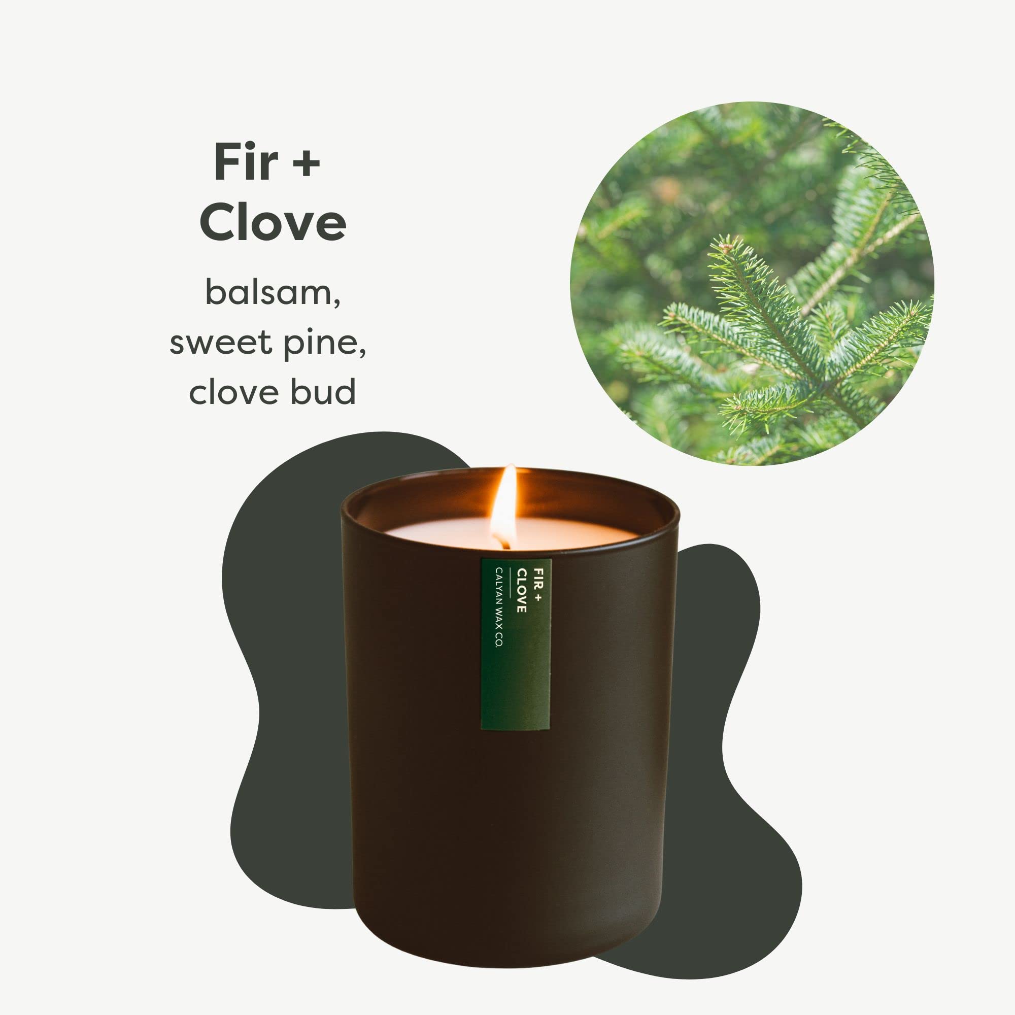 Calyan Wax Co. Vela aroma pino-clavo para dormitorio tranquilo y elegante.
