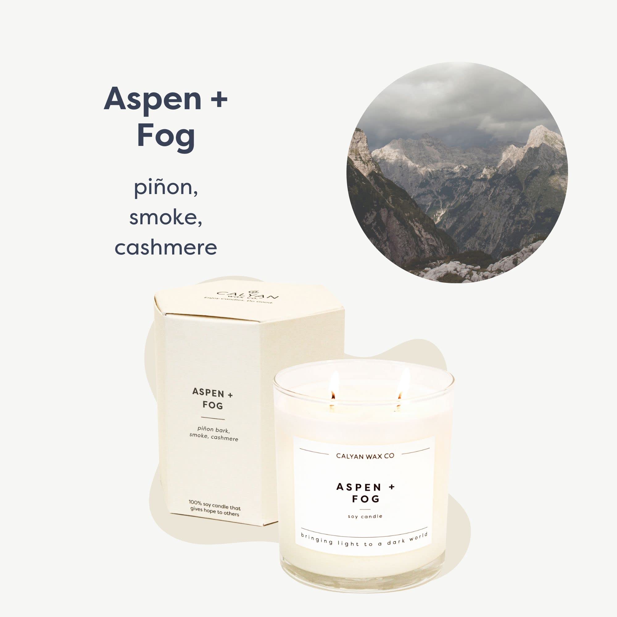 Calyan Wax Co. Aspen y Niebla: vela grande en vaso de cristal para dormitorio tranquilo.