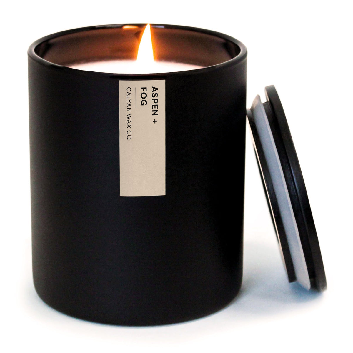 Calyan Wax Co. Aspen y Niebla: vela de soya negra en jarrón para sala