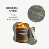 Etiqueta Calyan Wax Co. Oakmoss y Ámbar, primer plano destaca ingredientes vegetales y origen ético.
