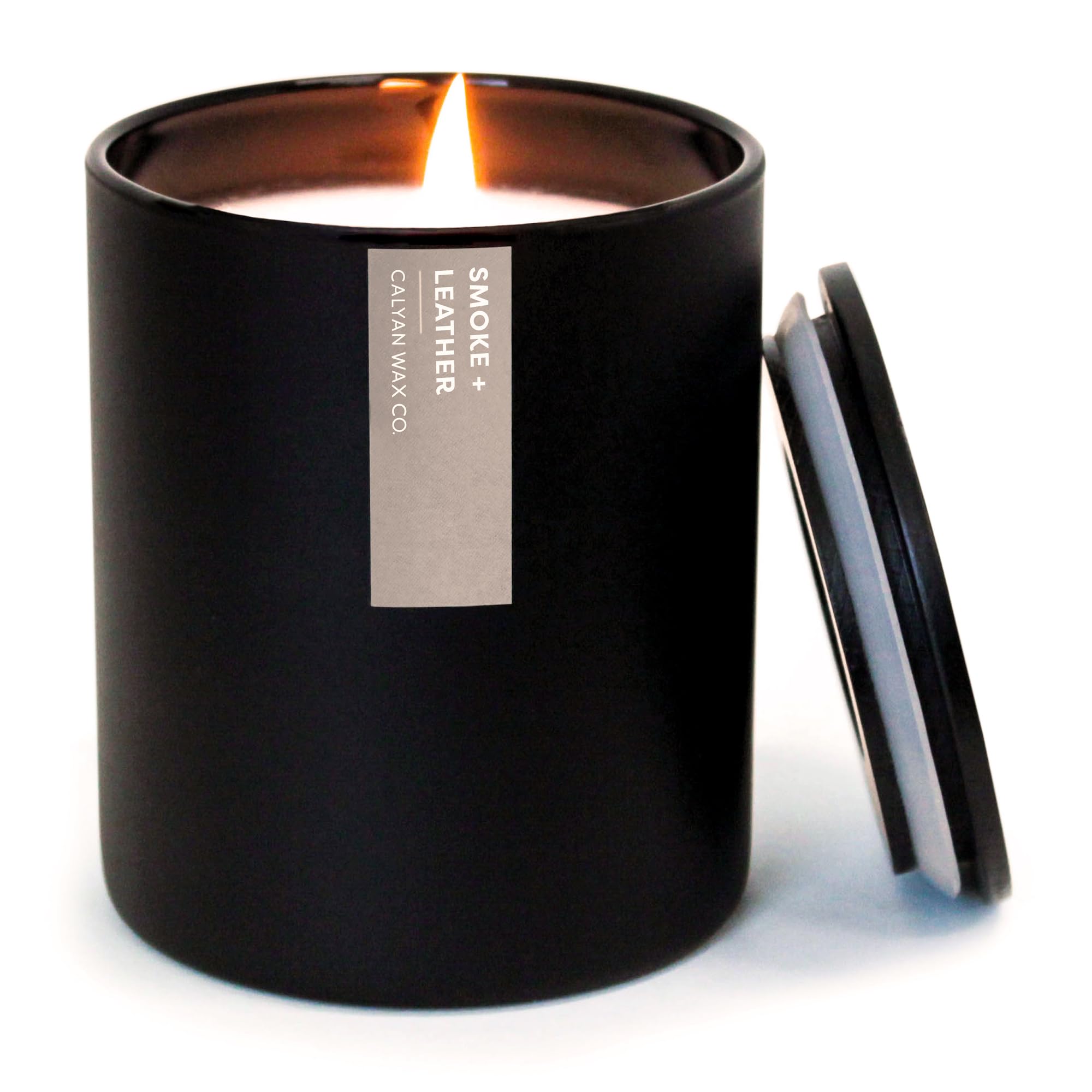 Calyan Wax Co. humo y cuero: vela tarro negro, aroma duradero para sala de estar.