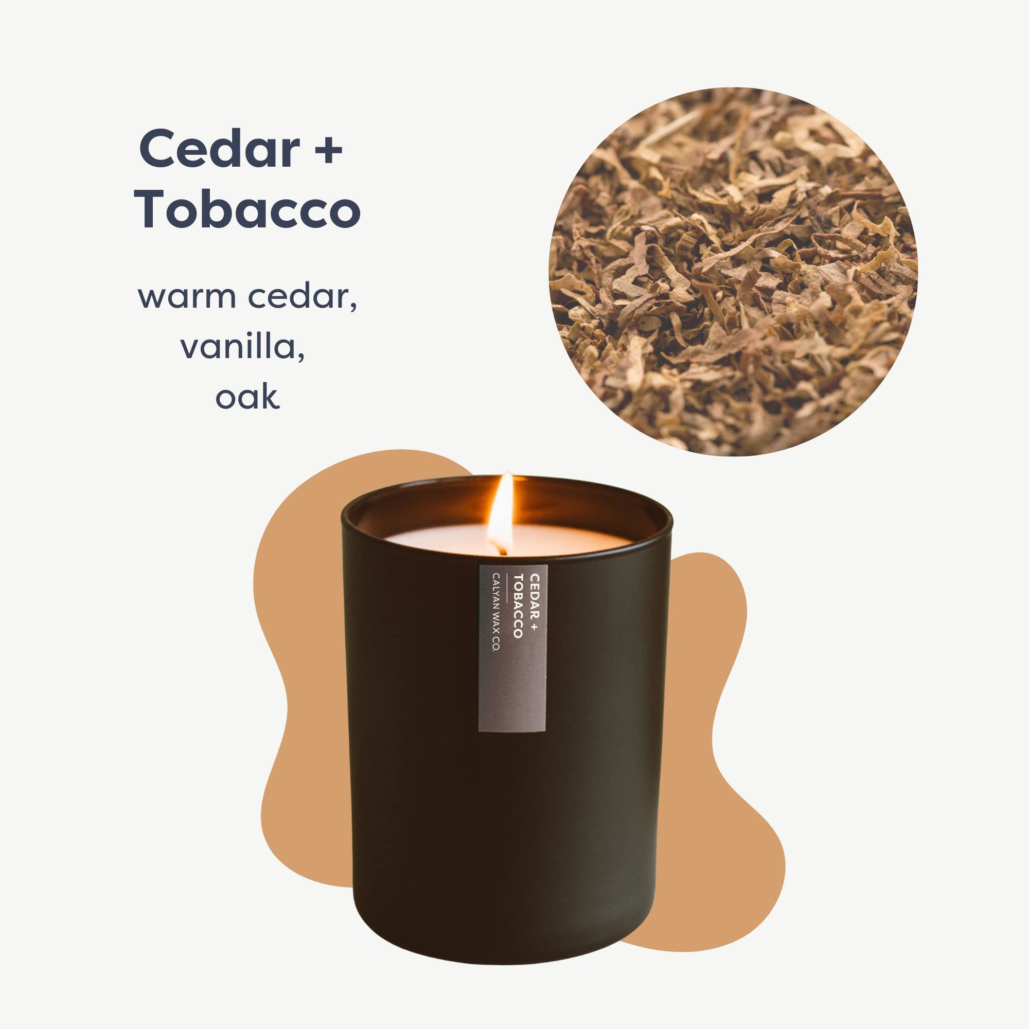 Calyan Wax Co. vela Cedar & Tobacco, detalle de cera de soja 100% para quemado limpio.