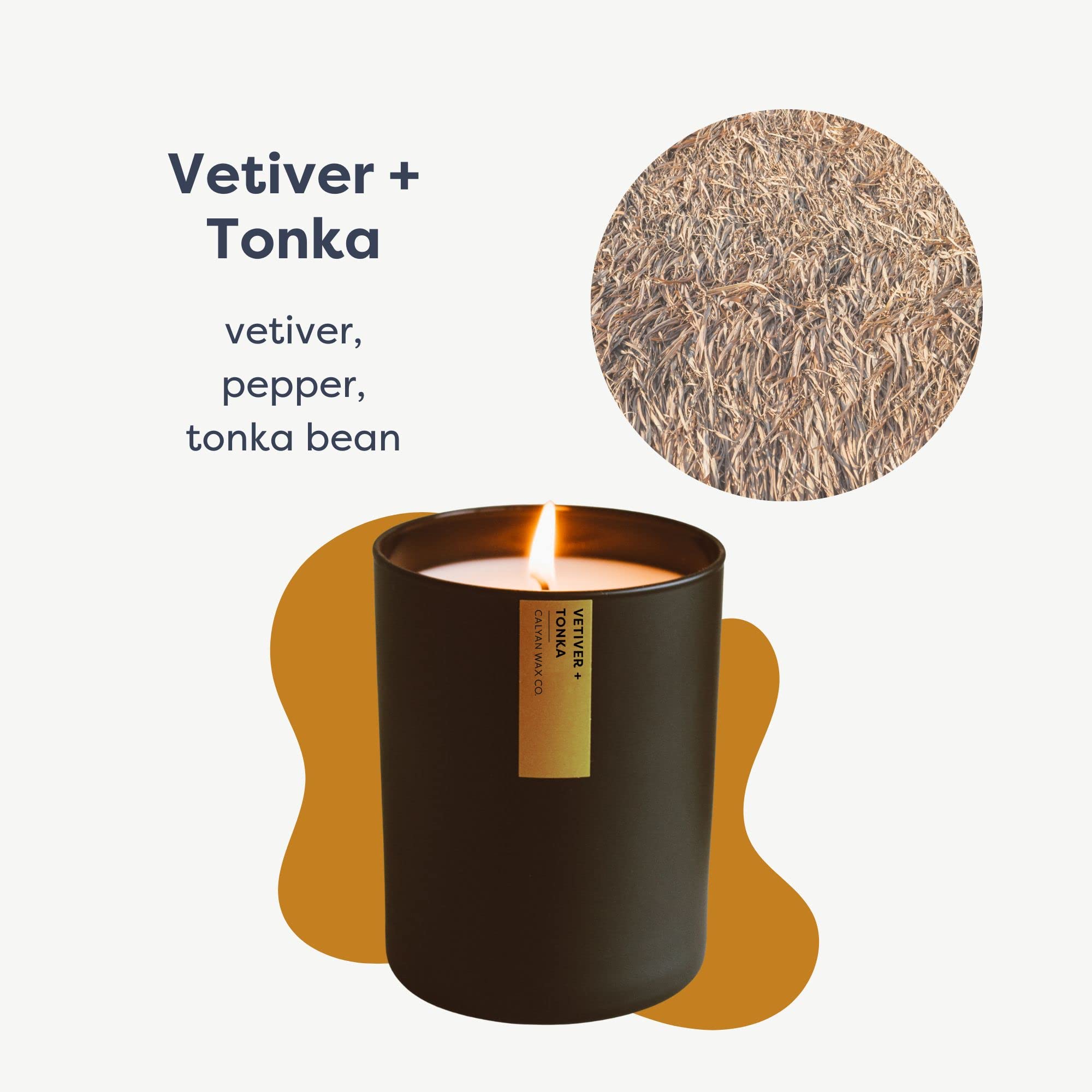 Calyan Wax Co. primer plano de vela Vetiver y Tonka, notas terrosas para sala.