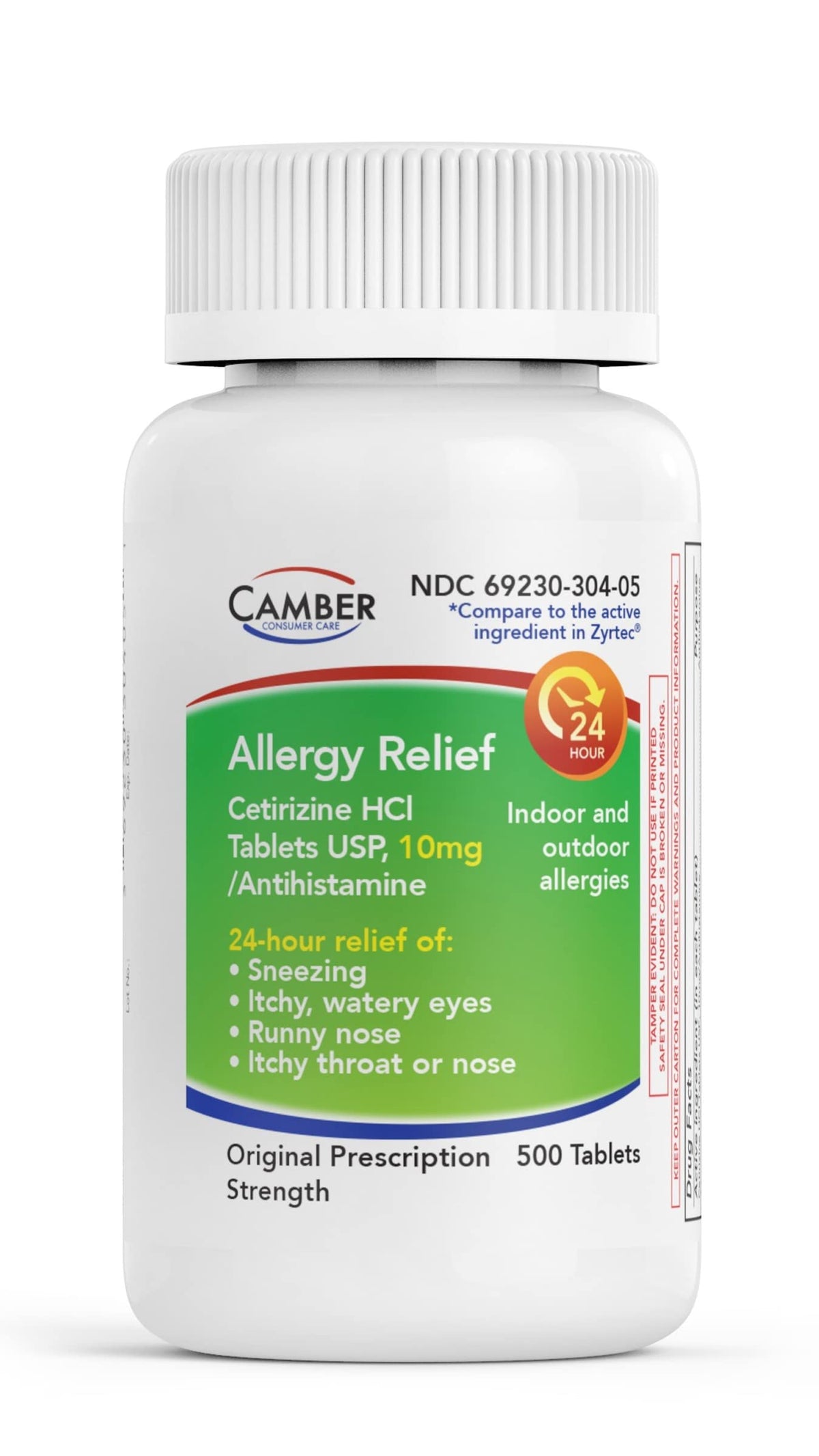 Camber Cetirizina 10 mg, frente de la botella, alivio de alergias durante todo el día.