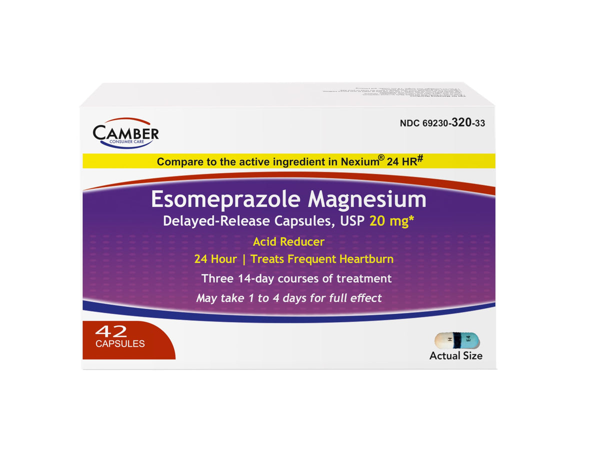 Camber Esomeprazol magnesio 20 mg, cápsulas de liberación retardada para alivio prolongado.