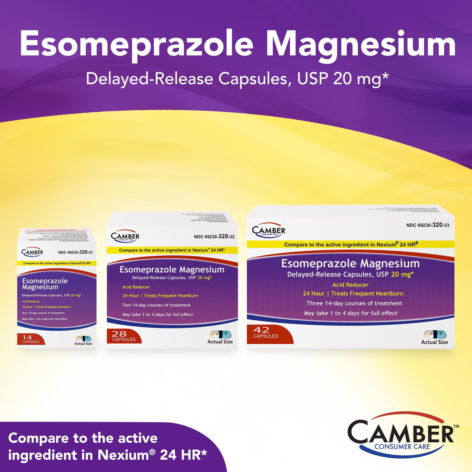 Camber Esomeprazol magnesio 20 mg, presentación en caja para control de dosis.