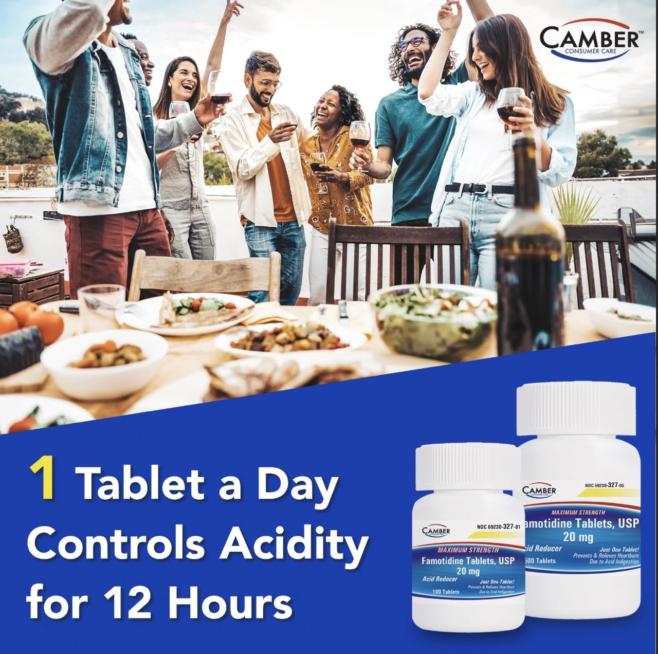Camber Famotidina 20 mg – detalle de tableta para tragar con agua.